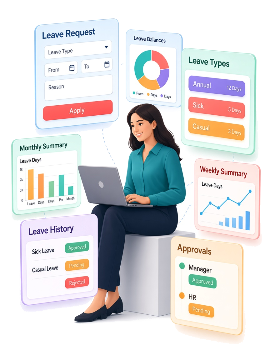 Leave module with balances, monthly and weekly charts, form, history, and approvals